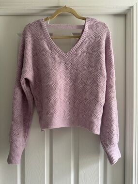V-Neck Cable Knit Sweater Pink Rose Pastel Lilac - Size Large